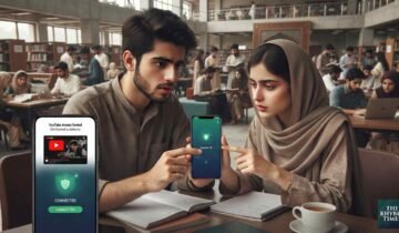 Students seated in a Peshawar library viewing a blocked YouTube screen and a free VPN connection on their mobile devices.
