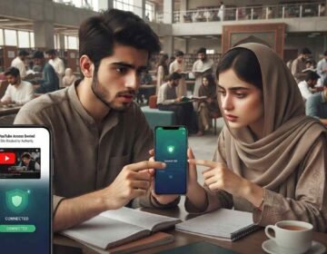 Students seated in a Peshawar library viewing a blocked YouTube screen and a free VPN connection on their mobile devices.