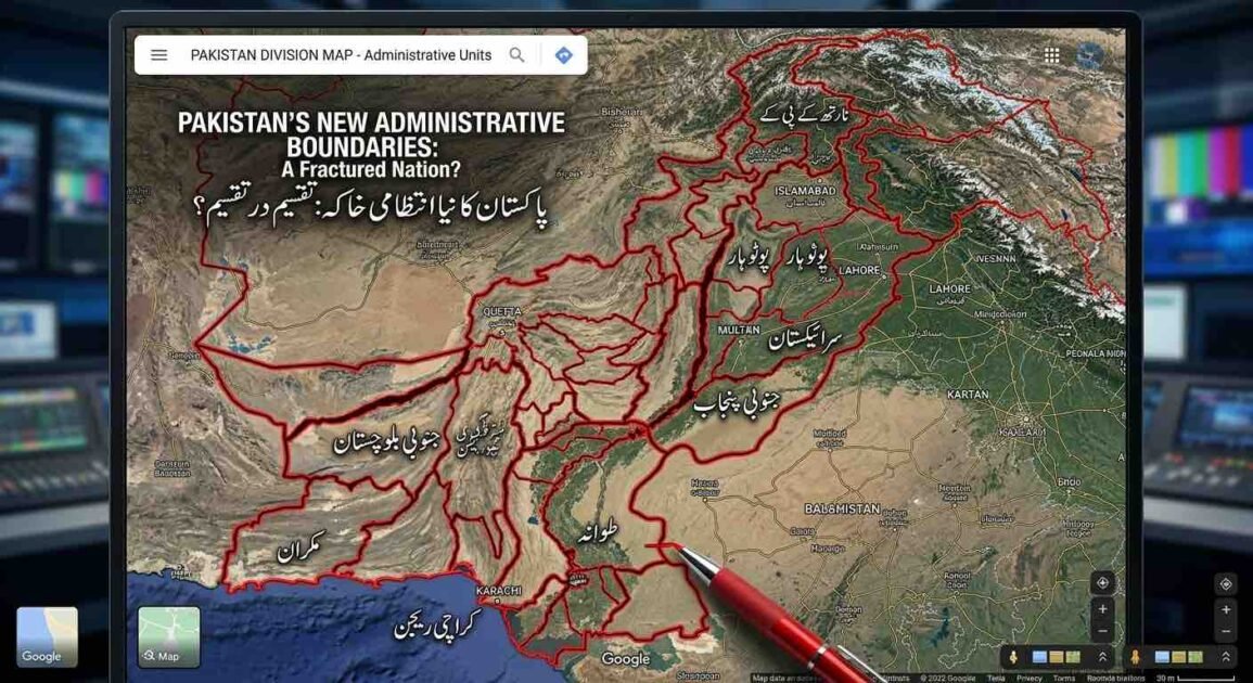 A close-up photograph of a large monitor displaying a satellite map of Pakistan, altered with a complex overlay of thick red lines creating a hypothetical subdivision of the country. At the top of the map, text in English reads: "PAKISTAN'S NEW ADMINISTRATIVE BOUNDARIES: A Fractured Nation?" Below it, Urdu text says: "پاکستان کا نیا انتظامی خاکہ: تقسیم در تقسیم؟" (translated as "Pakistan's New Administrative Plan: Division within Division?"). Numerous Urdu labels partition the map into smaller regions, including "جنوبی پنجاب" (South Punjab), "سرائیکستان" (Saraikistan), "پوٹوہار" (Pothohar), "مکران" (Makran), and "کراچی ریجن" (Karachi Region). Labels for adjacent territories like "INDIA", "AFGHANISTAN", "IRAN", "BALOMISTAN", "KARTAN", and "BHOJO" are also visible. A red pen tip is shown in the foreground near the bottom-center, poised near where "TANDO" (partially obscured) is written. The user interface mimics Google Maps, with a search bar and map controls. The background is a blurred view of multiple screens in a newsroom or control room.