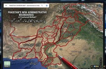 A close-up photograph of a large monitor displaying a satellite map of Pakistan, altered with a complex overlay of thick red lines creating a hypothetical subdivision of the country. At the top of the map, text in English reads: "PAKISTAN'S NEW ADMINISTRATIVE BOUNDARIES: A Fractured Nation?" Below it, Urdu text says: "پاکستان کا نیا انتظامی خاکہ: تقسیم در تقسیم؟" (translated as "Pakistan's New Administrative Plan: Division within Division?"). Numerous Urdu labels partition the map into smaller regions, including "جنوبی پنجاب" (South Punjab), "سرائیکستان" (Saraikistan), "پوٹوہار" (Pothohar), "مکران" (Makran), and "کراچی ریجن" (Karachi Region). Labels for adjacent territories like "INDIA", "AFGHANISTAN", "IRAN", "BALOMISTAN", "KARTAN", and "BHOJO" are also visible. A red pen tip is shown in the foreground near the bottom-center, poised near where "TANDO" (partially obscured) is written. The user interface mimics Google Maps, with a search bar and map controls. The background is a blurred view of multiple screens in a newsroom or control room.
