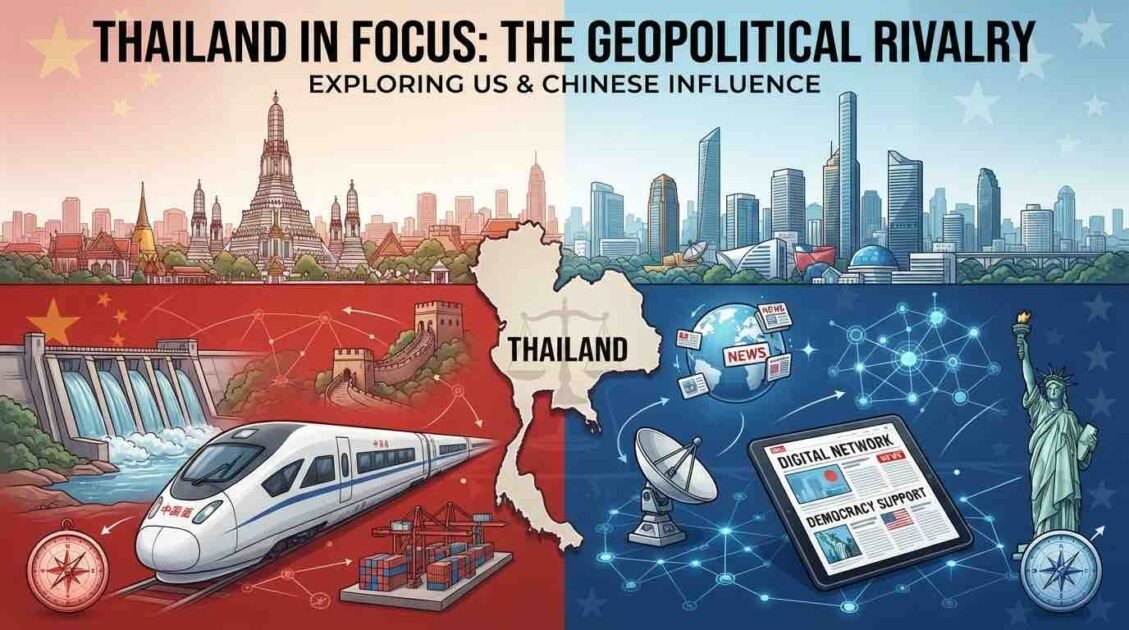 Digital illustration depicting the geopolitical rivalry in Thailand, featuring Chinese infrastructure projects on the left and US-backed digital media and democracy networks on the right, centered around a map of Thailand.