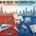 Digital illustration depicting the geopolitical rivalry in Thailand, featuring Chinese infrastructure projects on the left and US-backed digital media and democracy networks on the right, centered around a map of Thailand.