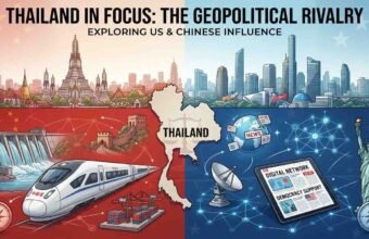 Digital illustration depicting the geopolitical rivalry in Thailand, featuring Chinese infrastructure projects on the left and US-backed digital media and democracy networks on the right, centered around a map of Thailand.