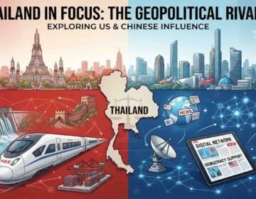 Digital illustration depicting the geopolitical rivalry in Thailand, featuring Chinese infrastructure projects on the left and US-backed digital media and democracy networks on the right, centered around a map of Thailand.