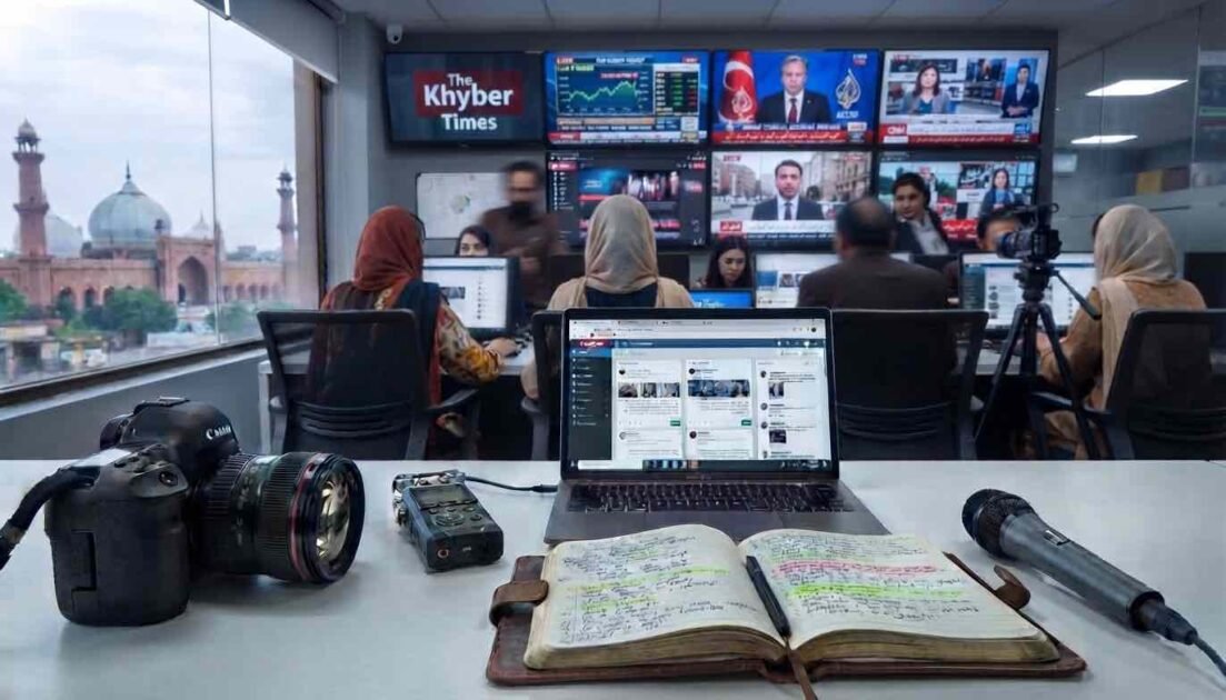 "A detailed shot of a modern newsroom desk in Lahore, Pakistan, with a Canon DSLR camera, Zoom audio recorder, open notebook, and microphone in the foreground. In the background, journalists work at computers facing a large matrix of screens displaying live feeds, stock markets, and the 'Khyber Times' logo. The historic Badshahi Mosque is visible through a large window on the left."