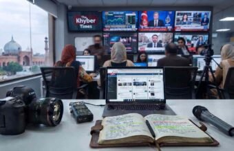 "A detailed shot of a modern newsroom desk in Lahore, Pakistan, with a Canon DSLR camera, Zoom audio recorder, open notebook, and microphone in the foreground. In the background, journalists work at computers facing a large matrix of screens displaying live feeds, stock markets, and the 'Khyber Times' logo. The historic Badshahi Mosque is visible through a large window on the left."