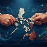 A stylized, digital illustration shows a physical map of the Philippines archipelago in the center, being pulled apart by two hands. The hand on the left wears a suit cuff with a US flag pin, and the hand on the right wears a suit cuff with a Chinese flag pin. Glowing blue and red lines and data interfaces emanate from the map and the hands, suggesting digital warfare and geopolitical influence.