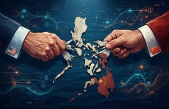 A stylized, digital illustration shows a physical map of the Philippines archipelago in the center, being pulled apart by two hands. The hand on the left wears a suit cuff with a US flag pin, and the hand on the right wears a suit cuff with a Chinese flag pin. Glowing blue and red lines and data interfaces emanate from the map and the hands, suggesting digital warfare and geopolitical influence.