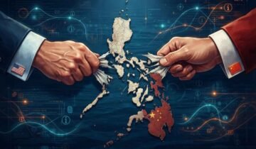 A stylized, digital illustration shows a physical map of the Philippines archipelago in the center, being pulled apart by two hands. The hand on the left wears a suit cuff with a US flag pin, and the hand on the right wears a suit cuff with a Chinese flag pin. Glowing blue and red lines and data interfaces emanate from the map and the hands, suggesting digital warfare and geopolitical influence.