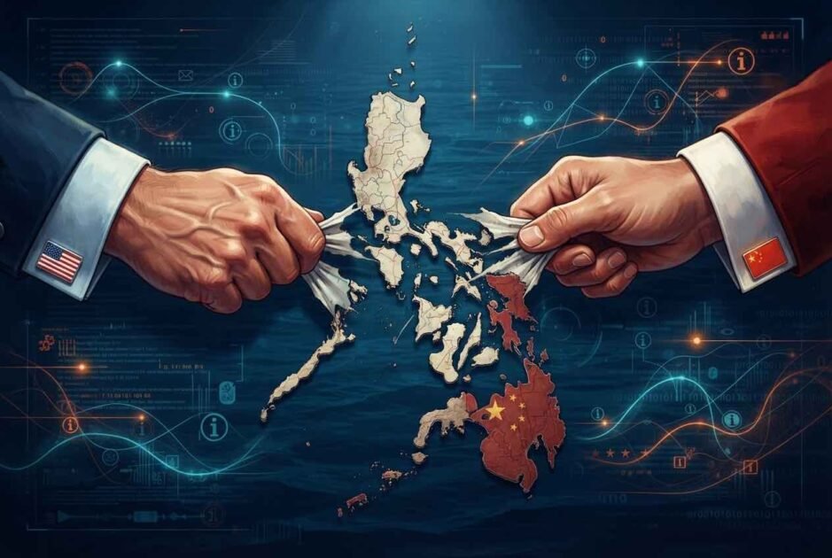 A stylized, digital illustration shows a physical map of the Philippines archipelago in the center, being pulled apart by two hands. The hand on the left wears a suit cuff with a US flag pin, and the hand on the right wears a suit cuff with a Chinese flag pin. Glowing blue and red lines and data interfaces emanate from the map and the hands, suggesting digital warfare and geopolitical influence.