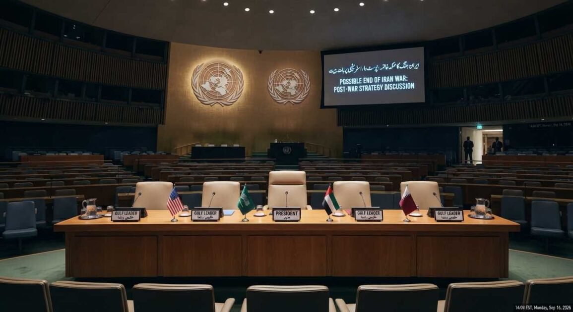 A photograph of the empty United Nations conference hall, prepared for a high-level meeting. The raised stage features a crescent table with five chairs, each with a flag and plaque (USA, Saudi Arabia, PRESIDENT, UAE, Qatar). A large screen on the right displays the text: "POSSIBLE END OF IRAN WAR: POST-WAR STRATEGY DISCUSSION" and Urdu script. Tiers of empty blue seats fill the hall. A timestamp at the bottom right reads: "14:00 EST, Monday, Sep 16, 2026".