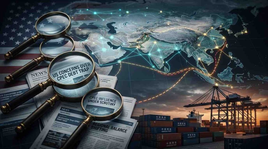 A conceptual digital illustration contrasting the United States and China over trade. On the left, a US flag and magnifying glasses focus on newspaper headlines reading "US CONCERNS OVER CPEC DEBT TRAP" and "REGIONAL BALANCE SHIFTING." Connected by glowing network lines across a stylized world map, this side contrasts with a busy container port at sunset on the right. The port has containers marked with Chinese script and "GWADAR PORT," port cranes, and a cargo ship, with lines extending from Pakistan to other regions.