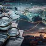 A conceptual digital illustration contrasting the United States and China over trade. On the left, a US flag and magnifying glasses focus on newspaper headlines reading "US CONCERNS OVER CPEC DEBT TRAP" and "REGIONAL BALANCE SHIFTING." Connected by glowing network lines across a stylized world map, this side contrasts with a busy container port at sunset on the right. The port has containers marked with Chinese script and "GWADAR PORT," port cranes, and a cargo ship, with lines extending from Pakistan to other regions.