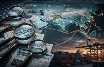 A conceptual digital illustration contrasting the United States and China over trade. On the left, a US flag and magnifying glasses focus on newspaper headlines reading "US CONCERNS OVER CPEC DEBT TRAP" and "REGIONAL BALANCE SHIFTING." Connected by glowing network lines across a stylized world map, this side contrasts with a busy container port at sunset on the right. The port has containers marked with Chinese script and "GWADAR PORT," port cranes, and a cargo ship, with lines extending from Pakistan to other regions.