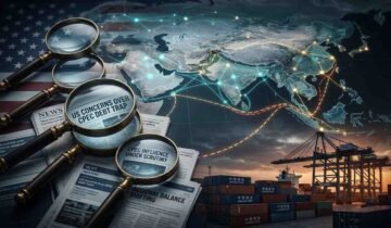 A conceptual digital illustration contrasting the United States and China over trade. On the left, a US flag and magnifying glasses focus on newspaper headlines reading "US CONCERNS OVER CPEC DEBT TRAP" and "REGIONAL BALANCE SHIFTING." Connected by glowing network lines across a stylized world map, this side contrasts with a busy container port at sunset on the right. The port has containers marked with Chinese script and "GWADAR PORT," port cranes, and a cargo ship, with lines extending from Pakistan to other regions.