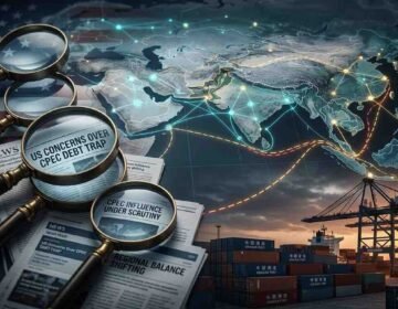 A conceptual digital illustration contrasting the United States and China over trade. On the left, a US flag and magnifying glasses focus on newspaper headlines reading "US CONCERNS OVER CPEC DEBT TRAP" and "REGIONAL BALANCE SHIFTING." Connected by glowing network lines across a stylized world map, this side contrasts with a busy container port at sunset on the right. The port has containers marked with Chinese script and "GWADAR PORT," port cranes, and a cargo ship, with lines extending from Pakistan to other regions.