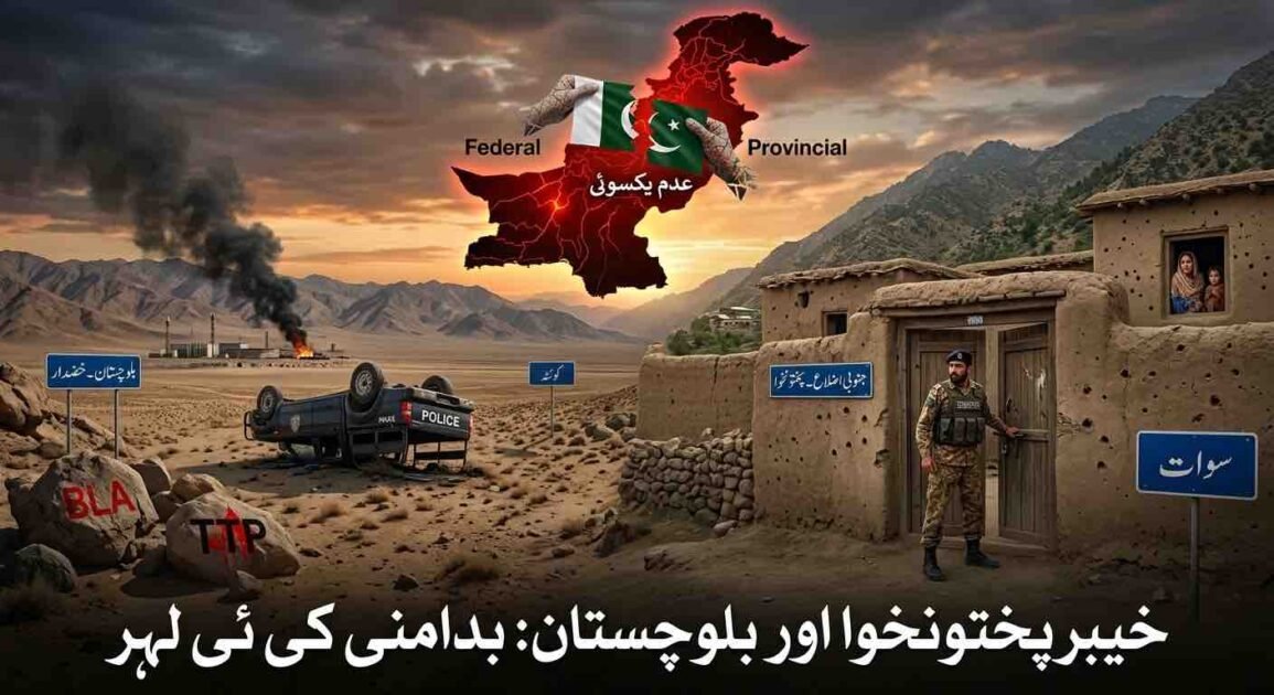 A news graphic depicting security challenges in Khyber Pakhtunkhwa and Balochistan, the risks facing the police force, and the lack of consensus between federal and provincial governments.