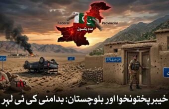 A news graphic depicting security challenges in Khyber Pakhtunkhwa and Balochistan, the risks facing the police force, and the lack of consensus between federal and provincial governments.