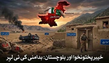 A news graphic depicting security challenges in Khyber Pakhtunkhwa and Balochistan, the risks facing the police force, and the lack of consensus between federal and provincial governments.