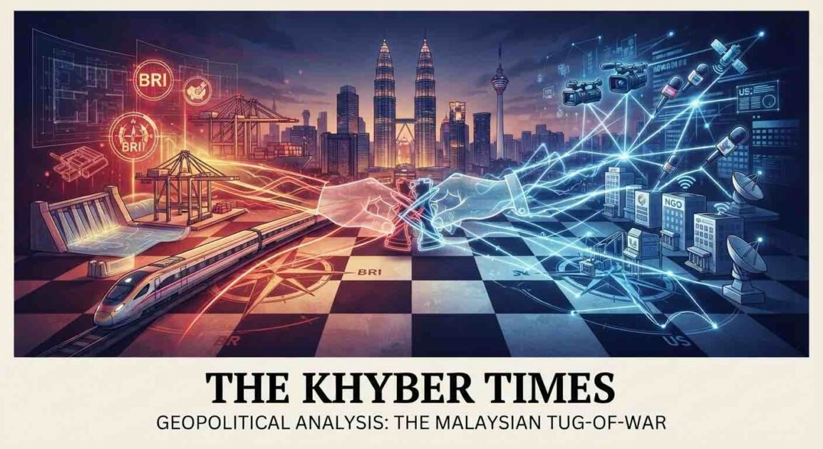 A cinematic digital illustration for "The Khyber Times" titled "THE MALAYSIAN TUG-OF-WAR," visualizing geopolitical competition on a giant chessboard over the Kuala Lumpur skyline. The left side glows with red and gold Chinese Belt and Road Initiative infrastructure (trains, ports, dams). The right side glows with blue US media and NGO network symbols. They meet in a tangle over the city center.