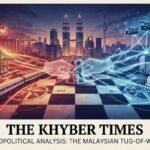 A cinematic digital illustration for "The Khyber Times" titled "THE MALAYSIAN TUG-OF-WAR," visualizing geopolitical competition on a giant chessboard over the Kuala Lumpur skyline. The left side glows with red and gold Chinese Belt and Road Initiative infrastructure (trains, ports, dams). The right side glows with blue US media and NGO network symbols. They meet in a tangle over the city center.