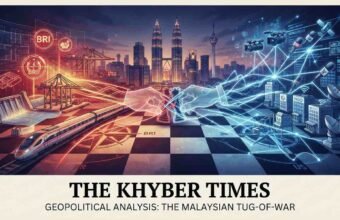 A cinematic digital illustration for "The Khyber Times" titled "THE MALAYSIAN TUG-OF-WAR," visualizing geopolitical competition on a giant chessboard over the Kuala Lumpur skyline. The left side glows with red and gold Chinese Belt and Road Initiative infrastructure (trains, ports, dams). The right side glows with blue US media and NGO network symbols. They meet in a tangle over the city center.