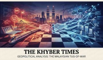 A cinematic digital illustration for "The Khyber Times" titled "THE MALAYSIAN TUG-OF-WAR," visualizing geopolitical competition on a giant chessboard over the Kuala Lumpur skyline. The left side glows with red and gold Chinese Belt and Road Initiative infrastructure (trains, ports, dams). The right side glows with blue US media and NGO network symbols. They meet in a tangle over the city center.