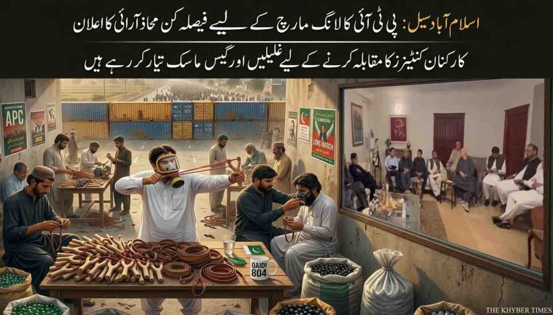A two-part photo composite for a news story with Urdu text. On the left, men sit in an outdoor workshop, making wooden slingshots. A central figure in a white shalwar kameez wears a gas mask and aims a slingshot. Others sort marbles in sacks. Shipping containers block a road with a large crowd behind. A mug reads "QAIDI 804". On the right, a large video wall shows an indoor meeting of political leaders seated in sofas.