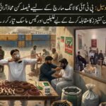 A two-part photo composite for a news story with Urdu text. On the left, men sit in an outdoor workshop, making wooden slingshots. A central figure in a white shalwar kameez wears a gas mask and aims a slingshot. Others sort marbles in sacks. Shipping containers block a road with a large crowd behind. A mug reads "QAIDI 804". On the right, a large video wall shows an indoor meeting of political leaders seated in sofas.