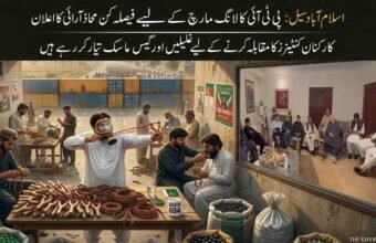 A two-part photo composite for a news story with Urdu text. On the left, men sit in an outdoor workshop, making wooden slingshots. A central figure in a white shalwar kameez wears a gas mask and aims a slingshot. Others sort marbles in sacks. Shipping containers block a road with a large crowd behind. A mug reads "QAIDI 804". On the right, a large video wall shows an indoor meeting of political leaders seated in sofas.