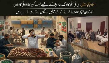 A two-part photo composite for a news story with Urdu text. On the left, men sit in an outdoor workshop, making wooden slingshots. A central figure in a white shalwar kameez wears a gas mask and aims a slingshot. Others sort marbles in sacks. Shipping containers block a road with a large crowd behind. A mug reads "QAIDI 804". On the right, a large video wall shows an indoor meeting of political leaders seated in sofas.
