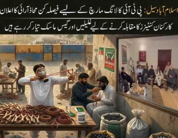 A two-part photo composite for a news story with Urdu text. On the left, men sit in an outdoor workshop, making wooden slingshots. A central figure in a white shalwar kameez wears a gas mask and aims a slingshot. Others sort marbles in sacks. Shipping containers block a road with a large crowd behind. A mug reads "QAIDI 804". On the right, a large video wall shows an indoor meeting of political leaders seated in sofas.