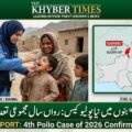 A professional multi-panel news banner from 'The Khyber Times' (دی خیبر ٹائمز) about a polio outbreak alert in Bannu, Pakistan, SEP 2026. The left features a female frontline healthcare worker in a blue vest with a Polio Eradication Initiative Pakistan badge, administering oral polio vaccine to a young child in traditional clothing, with his mother and other children in a rural village. The right panel includes a map of Pakistan highlighting the red-labeled 'BANNU' district in South KP and an illustration of the 'POLIOVIRUS' molecule. Large bold banners at the bottom contain headlines in both Urdu (بنوں میں نیا پولیو کیس: رواں سال مجموعی تعداد 4 ہو گئی) and English (SPECIAL REPORT: 4th Polio Case of 2026 Confirmed in Bannu).