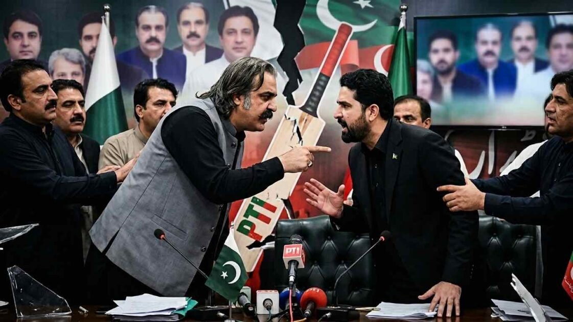 Tensions erupt into a direct confrontation between two men during a Pakistani political meeting, with other attendees attempting to keep them apart amidst a backdrop of political portraits and a fractured party symbol. Alt Text: A phot