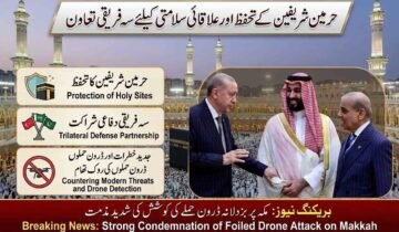 A detailed news infographic with text in Urdu and English. The headline calls for "Trilateral Cooperation" to protect Holy Sites and regional security. An inset photo shows the smiling and conversing leaders of Turkey, Saudi Arabia, and Pakistan: President Recep Tayyip Erdoğan, Crown Prince Mohammed bin Salman, and Prime Minister Shehbaz Sharif. A side panel with three icons illustrates the "Trilateral Defense Partnership" to provide "Protection of Holy Sites" and "Countering Modern Threats and Drone Detection," set against the twilight backdrop of the Grand Mosque in Makkah. Breaking News text in Urdu and English condemns a foiled drone attack.