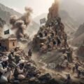 A composite photojournalistic news graphic illustrating armed conflict in Nuristan province, Afghanistan. The left side shows Afghan Taliban fighters engaged in a firefight from a mud-brick outpost, with an explosion and visible tracer fire. Taliban fighters are also positioned across the rugged, mountainous terrain. Two signposts, marked 'Chitral' in Urdu, connect the scene to the border region. The lower third of the image features a headline and text in both Urdu and English that reads: 'Nuristan: Fierce clashes between Taliban and opposition; Pakistan rejects Taliban allegations'. A byline for 'Nasir Dawar, The Khyber Times - In-Depth Analysis' is included in the bottom right corner.