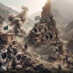 A composite photojournalistic news graphic illustrating armed conflict in Nuristan province, Afghanistan. The left side shows Afghan Taliban fighters engaged in a firefight from a mud-brick outpost, with an explosion and visible tracer fire. Taliban fighters are also positioned across the rugged, mountainous terrain. Two signposts, marked 'Chitral' in Urdu, connect the scene to the border region. The lower third of the image features a headline and text in both Urdu and English that reads: 'Nuristan: Fierce clashes between Taliban and opposition; Pakistan rejects Taliban allegations'. A byline for 'Nasir Dawar, The Khyber Times - In-Depth Analysis' is included in the bottom right corner.