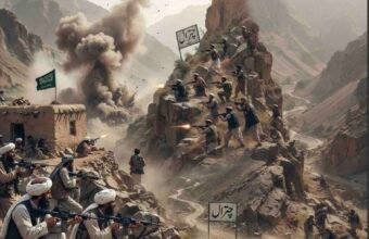 A composite photojournalistic news graphic illustrating armed conflict in Nuristan province, Afghanistan. The left side shows Afghan Taliban fighters engaged in a firefight from a mud-brick outpost, with an explosion and visible tracer fire. Taliban fighters are also positioned across the rugged, mountainous terrain. Two signposts, marked 'Chitral' in Urdu, connect the scene to the border region. The lower third of the image features a headline and text in both Urdu and English that reads: 'Nuristan: Fierce clashes between Taliban and opposition; Pakistan rejects Taliban allegations'. A byline for 'Nasir Dawar, The Khyber Times - In-Depth Analysis' is included in the bottom right corner.