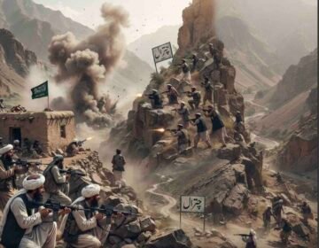 A composite photojournalistic news graphic illustrating armed conflict in Nuristan province, Afghanistan. The left side shows Afghan Taliban fighters engaged in a firefight from a mud-brick outpost, with an explosion and visible tracer fire. Taliban fighters are also positioned across the rugged, mountainous terrain. Two signposts, marked 'Chitral' in Urdu, connect the scene to the border region. The lower third of the image features a headline and text in both Urdu and English that reads: 'Nuristan: Fierce clashes between Taliban and opposition; Pakistan rejects Taliban allegations'. A byline for 'Nasir Dawar, The Khyber Times - In-Depth Analysis' is included in the bottom right corner.