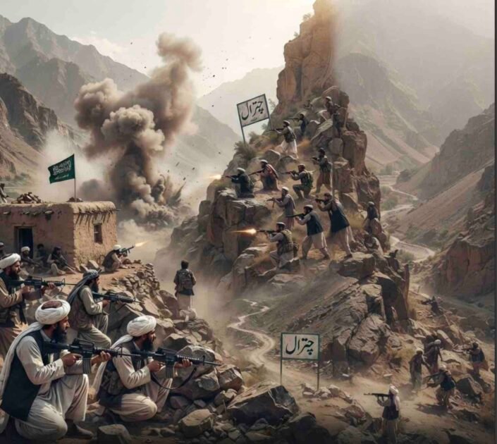 A composite photojournalistic news graphic illustrating armed conflict in Nuristan province, Afghanistan. The left side shows Afghan Taliban fighters engaged in a firefight from a mud-brick outpost, with an explosion and visible tracer fire. Taliban fighters are also positioned across the rugged, mountainous terrain. Two signposts, marked 'Chitral' in Urdu, connect the scene to the border region. The lower third of the image features a headline and text in both Urdu and English that reads: 'Nuristan: Fierce clashes between Taliban and opposition; Pakistan rejects Taliban allegations'. A byline for 'Nasir Dawar, The Khyber Times - In-Depth Analysis' is included in the bottom right corner.