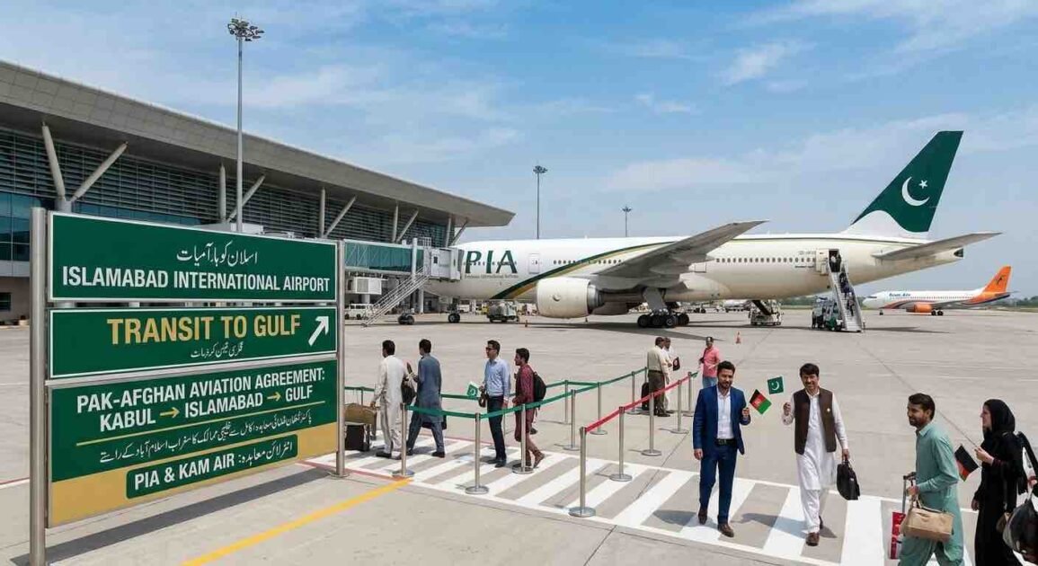 A digital illustration of Islamabad International Airport terminal showing a PIA aircraft on the tarmac, passengers walking, and a green directional sign board detailing the Pak-Afghan transit agreement to the Gulf.