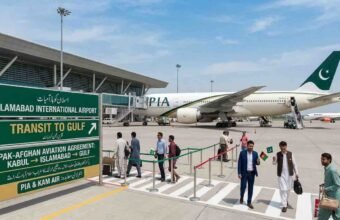 A digital illustration of Islamabad International Airport terminal showing a PIA aircraft on the tarmac, passengers walking, and a green directional sign board detailing the Pak-Afghan transit agreement to the Gulf.
