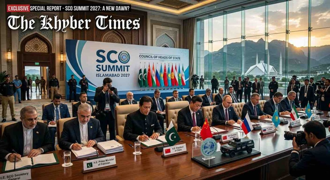 A high-level diplomatic signing ceremony at the SCO Summit in Islamabad, featuring world leaders seated at a long conference table with regional flags and official documents against a backdrop of the Margalla Hills and Faisal Mosque.