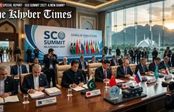 A high-level diplomatic signing ceremony at the SCO Summit in Islamabad, featuring world leaders seated at a long conference table with regional flags and official documents against a backdrop of the Margalla Hills and Faisal Mosque.