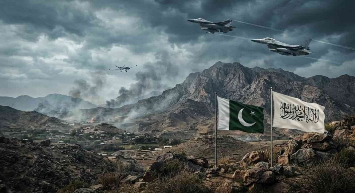 Photojournalistic image of geopolitical tension on the Pakistan-Afghanistan border. The background shows smoke rising from mountain villages amid an overcast sky. In the foreground, the Pakistani flag and the white Islamic Emirate of Afghanistan flag wave side-by-side on flagpoles. Military jets and a surveillance drone are visible in the sky.