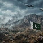 Photojournalistic image of geopolitical tension on the Pakistan-Afghanistan border. The background shows smoke rising from mountain villages amid an overcast sky. In the foreground, the Pakistani flag and the white Islamic Emirate of Afghanistan flag wave side-by-side on flagpoles. Military jets and a surveillance drone are visible in the sky.