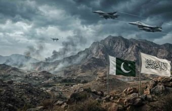 Photojournalistic image of geopolitical tension on the Pakistan-Afghanistan border. The background shows smoke rising from mountain villages amid an overcast sky. In the foreground, the Pakistani flag and the white Islamic Emirate of Afghanistan flag wave side-by-side on flagpoles. Military jets and a surveillance drone are visible in the sky.
