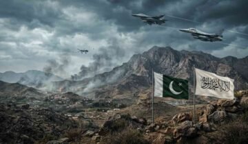 Photojournalistic image of geopolitical tension on the Pakistan-Afghanistan border. The background shows smoke rising from mountain villages amid an overcast sky. In the foreground, the Pakistani flag and the white Islamic Emirate of Afghanistan flag wave side-by-side on flagpoles. Military jets and a surveillance drone are visible in the sky.