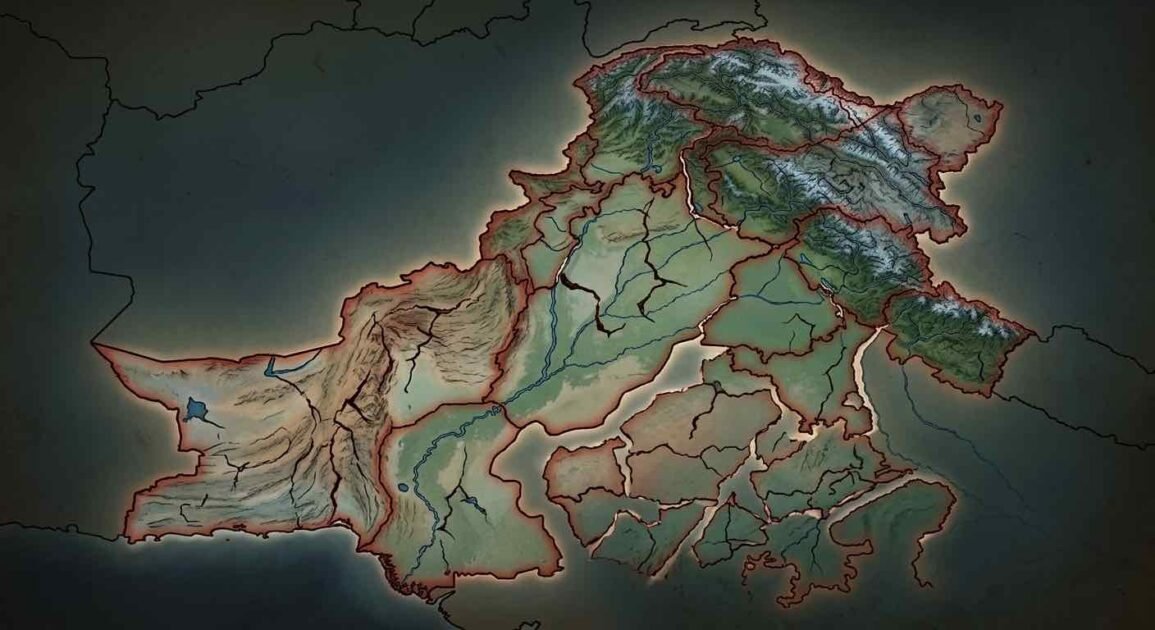 A stylized map of Pakistan showing fragmented regions separated by cracked borders, illustrating concepts of provincial division and administrative reorganisation.