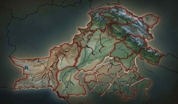A stylized map of Pakistan showing fragmented regions separated by cracked borders, illustrating concepts of provincial division and administrative reorganisation.